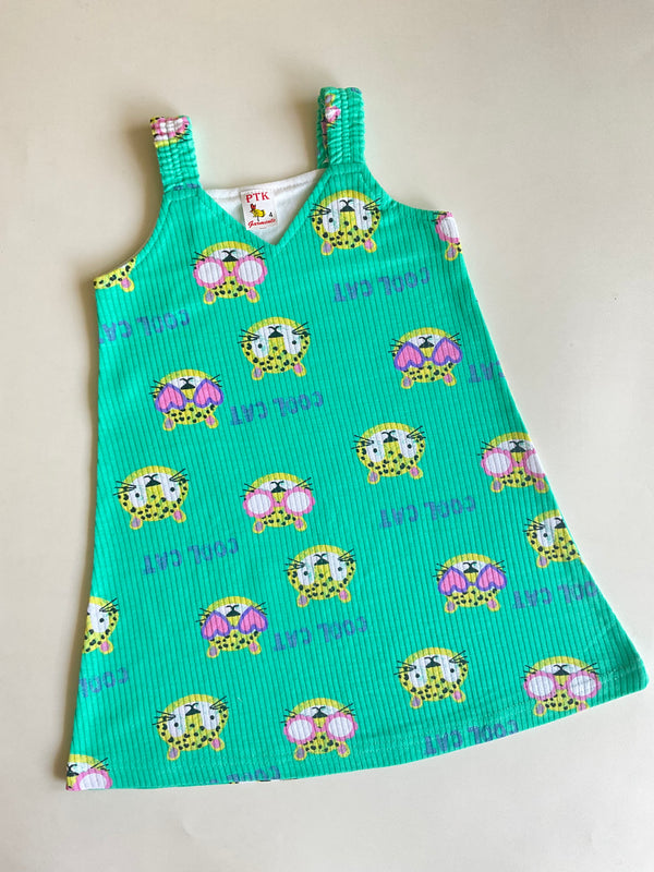 Green coloured cool cat print belt frock(BEL73)