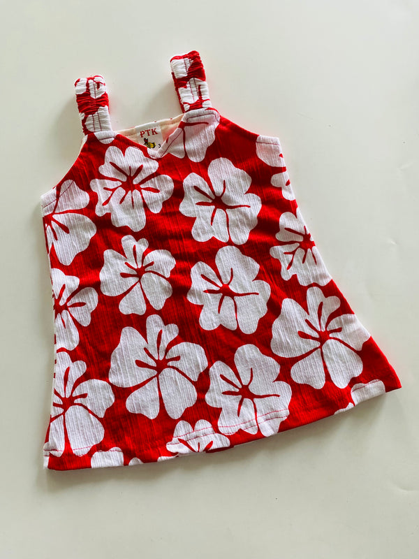 Red flower print belt frock(BEL86)