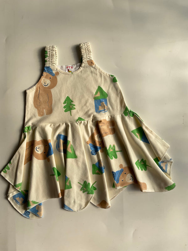 Teddy bear and tree illustration asymmetric frock(ASY73)