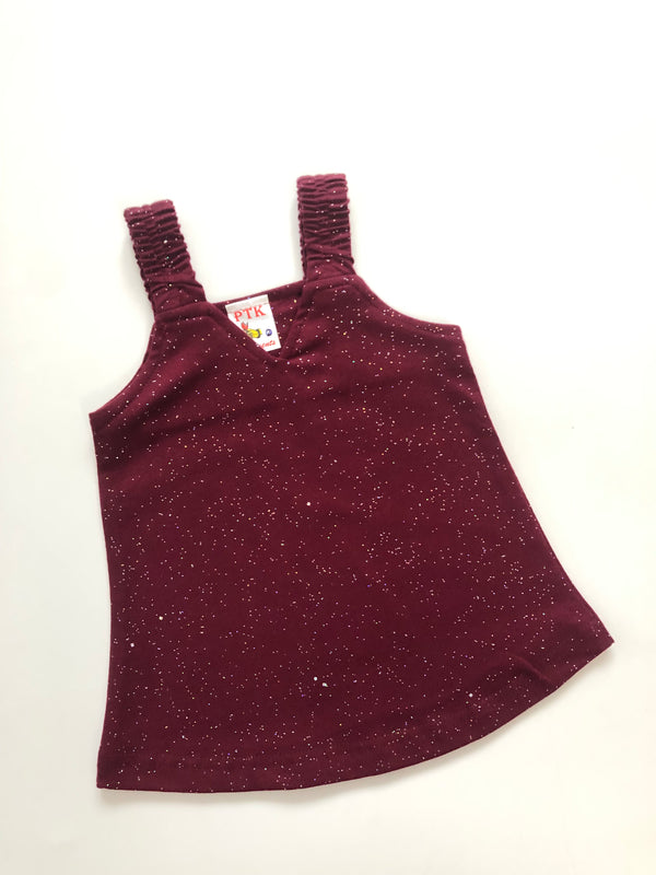 Maroon coloured glitter print belt frock(BEL43)