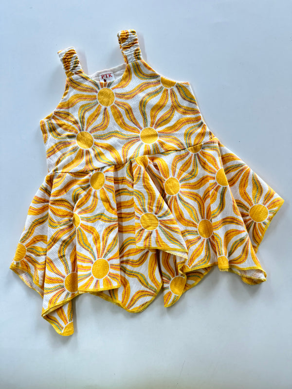 yellow coloured flower print asymmetric frock(ASY69)