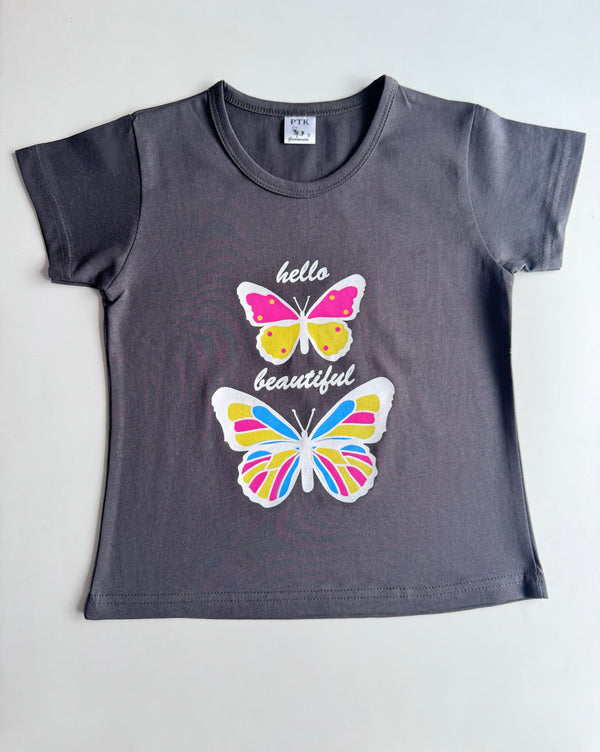 Grey coloured butterfly print basic top(BST4)