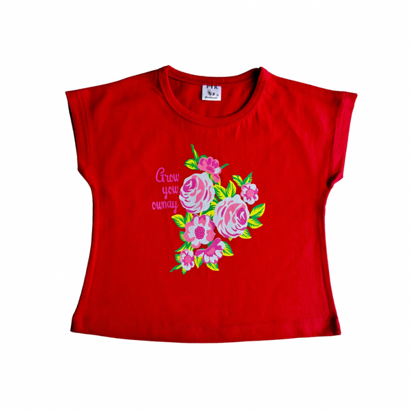 Red coloured flowers print flat sleeves top(FST12)