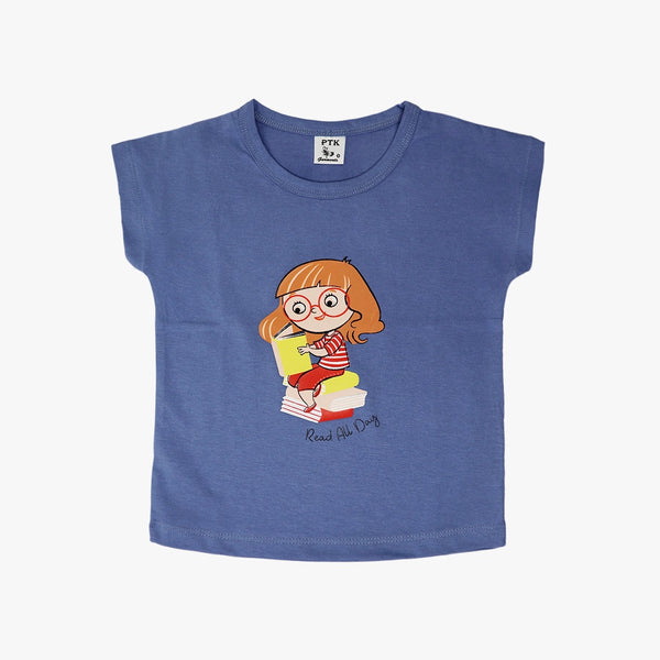 Light blue coloured read all day print flat sleeve top(FST15)