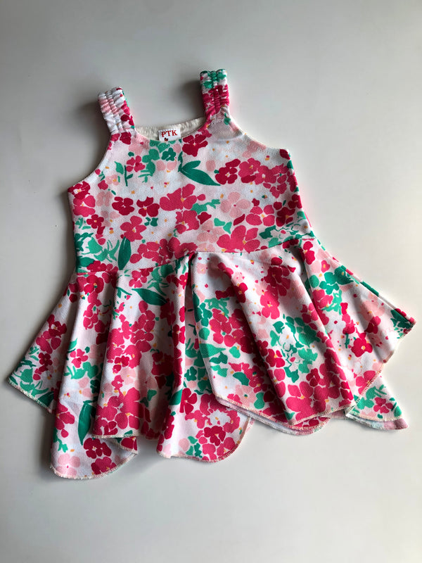 Pink and green floral print asymmetric frock(ASY49)