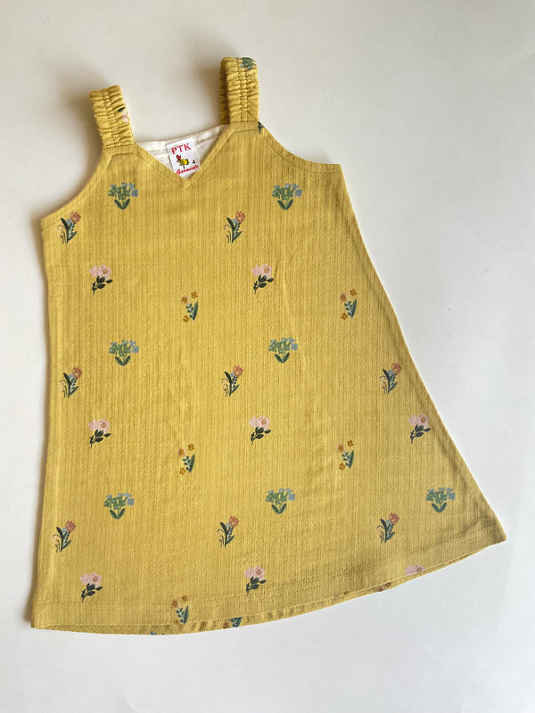 Golden coloured flower print belt frock(BEL72)