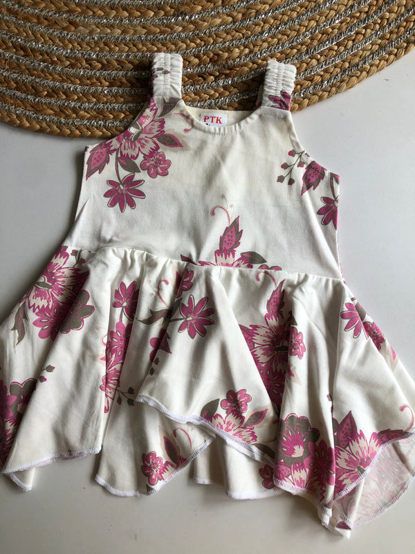 Baby pink and grey coloured flowers boutique asymmetric frock(ASY32)