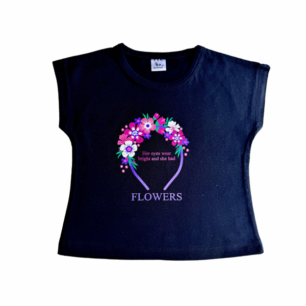Black coloured flowers print flat sleeve top(FST13)