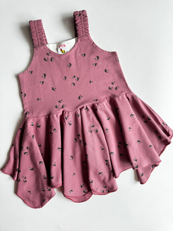 Deep pastel pink fly print asymmetric frock(ASY58)