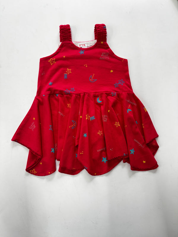 Deep pink coloured star and moon print asymmetric frock(ASY67)