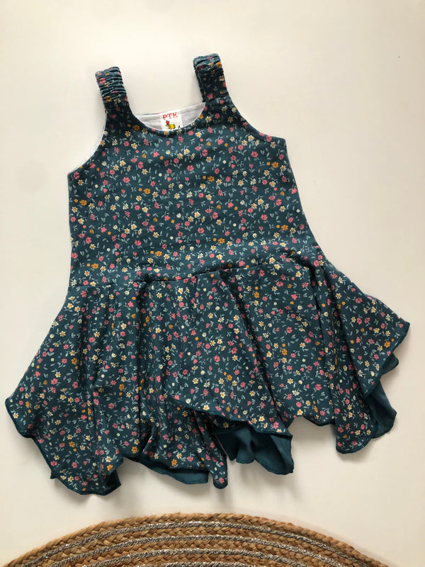 Pastel blue floral print asymmetric frock(ASY36)