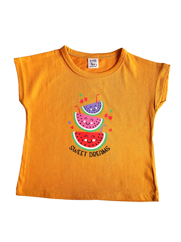 yellow coloured sweet dreams print flat sleeve top(FST20)