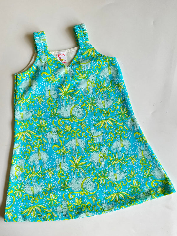 Green & blue coloured animal print belt frock(BEL26)