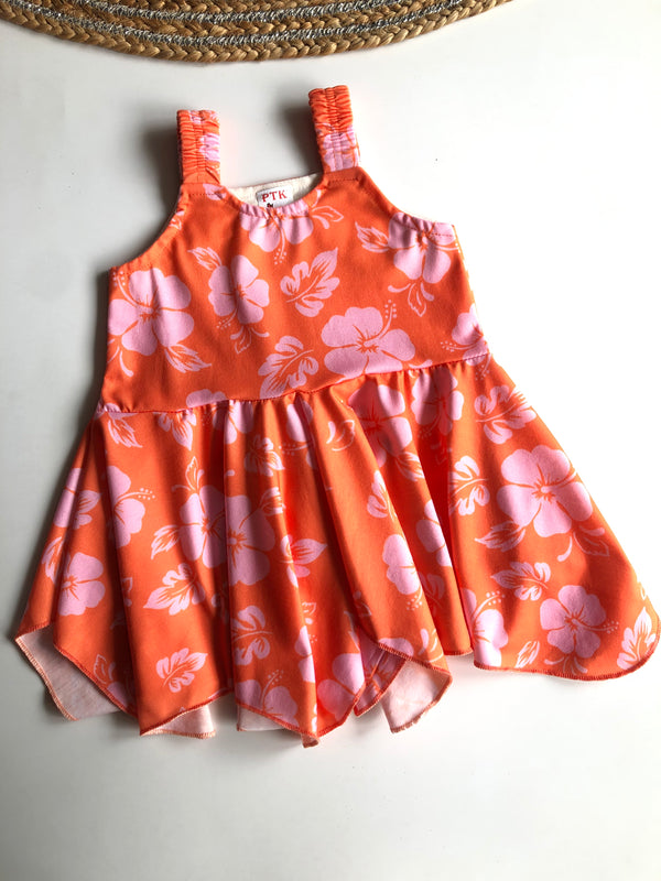 Orange colored Hibiscus Print Asymmetric Frock (ASY19)