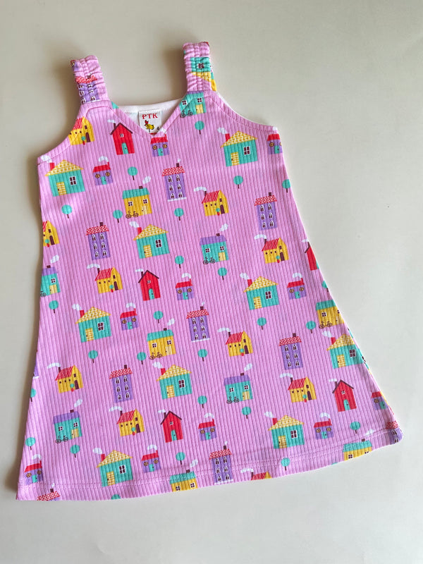 Rose coloured house illustration print belt frock(BEL70)
