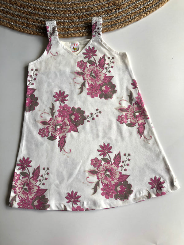 Baby Pink & Grey Color Bouquet Printed Belt Frock (BEL5)