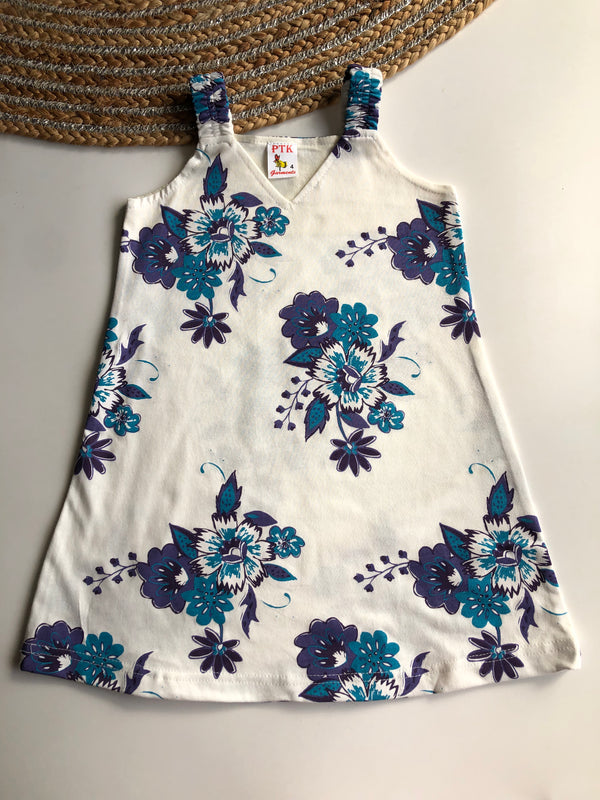 Sky Blue & Purple Colored Bouquet Printed Belt Frock (BEL6)