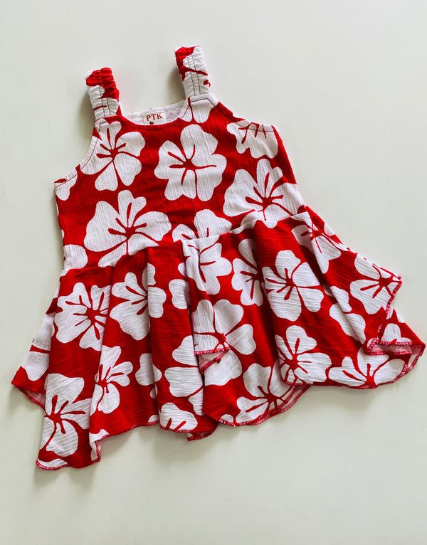 Red flower asymmetric print frock(ASY71)