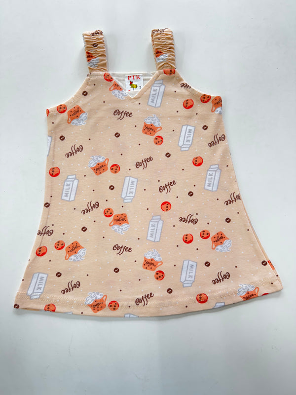 milk and coffee print belt frock(BEL81)