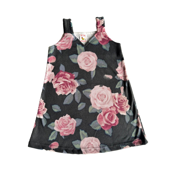 Black coloured rose print belt frock(BEL66)