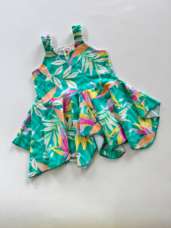 Light green coloured leaf print asymmetric frock(ASY68)