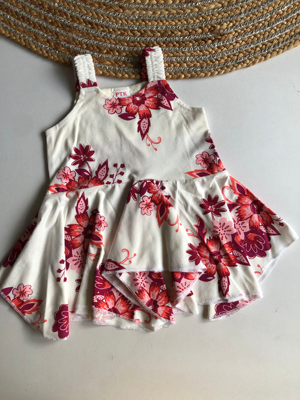 orange and deep pink coloured flower botique asymmetric frock(ASY34)