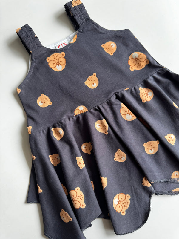 Grey coloured bear print asymmetric frock(ASY59)