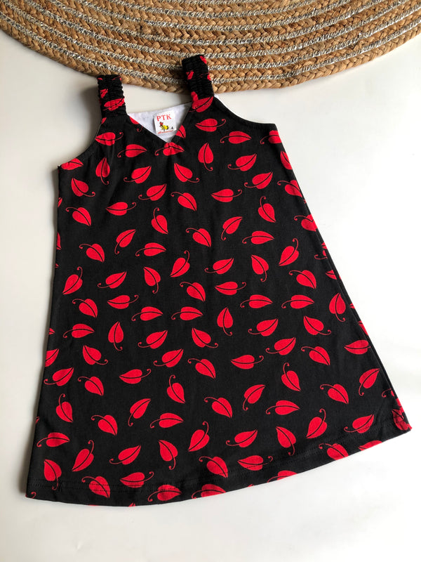 black coloured red leaf print belt frock(BEL41)