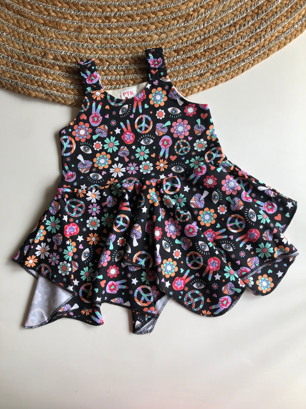 Retro illustration print asymmetric frock(ASY30)