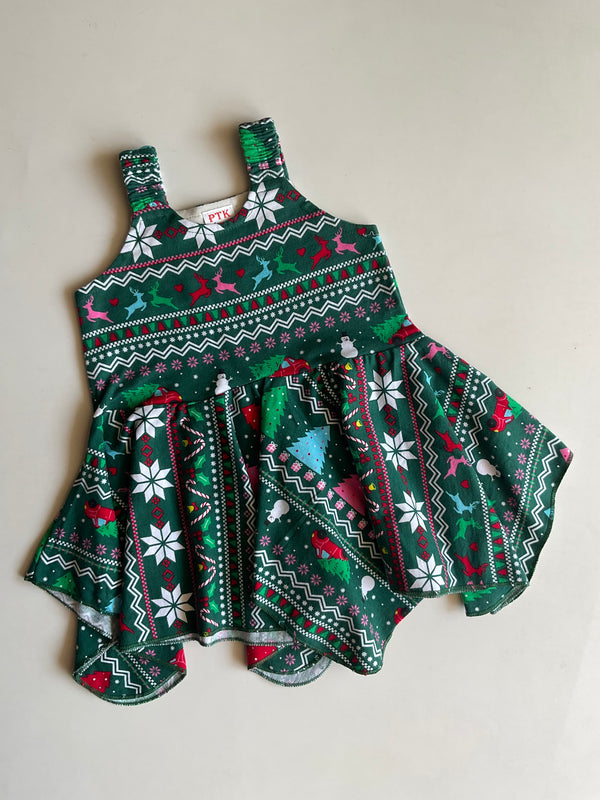 Christmas print asymmetric frock(Green coloured)(ASY53)
